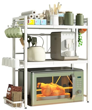 NETEL Verstellbares Mikrowellen Regal 3-stufig, Regal über mikrowelle, küchenregal stehend für arbeitsplatte,Bäckerregale, küchenregal mit 2 Getränkehalter und KOR,Weiß, Ausziehbar 40-64cm