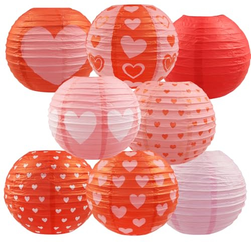 Faroles de papel para el día de San Valentín, 8 faroles redondos colgantes de corazón rojo y rosa, decoraciones de fiesta de papel para el día de San Valentín, boda, aniversario, despedida de soltera