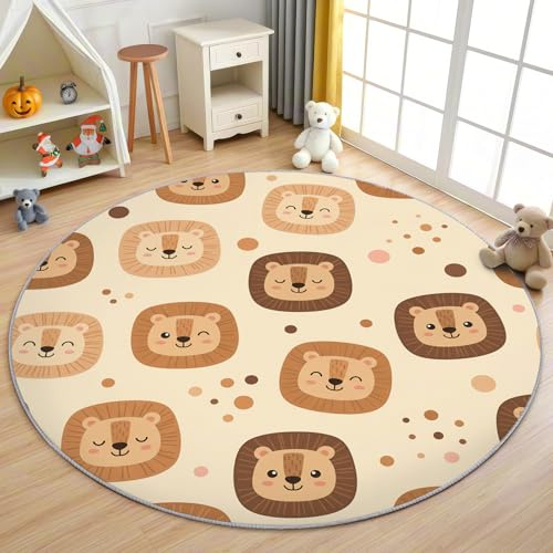 AevuCub Löwe Teppich Rund 100cm Kurzflor - Waschbare Teppiche Wohnzimmer Kinder Löwen Cartoon Wilde Tiere - Runder Teppich 100cm Durchmesser Kinderzimmer - Bettvorleger rutschfest Weich