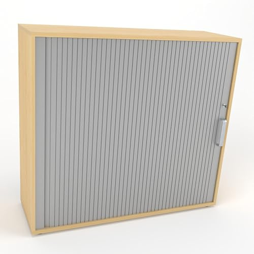 Rheinland Möbel Querrollladenschrank Rollino 120×40×75 cm – abschließbarer Rollladenschrank 2OH in Ahorn/Silber mit Metall-Streifengriff