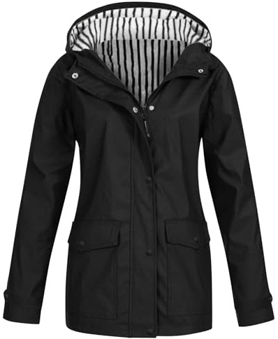 Générique Veste Imperméable Femme à Capuche, Coupe Vent avec Doublure Rayée et Poches, Coupe ajustée et Polyvalente Blouson pour Les activités Extérieures et Randonnées Légères