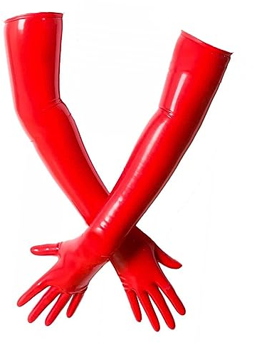 EXLATEX Women's Latex Black Long Gloves Outfits, Red, Medium