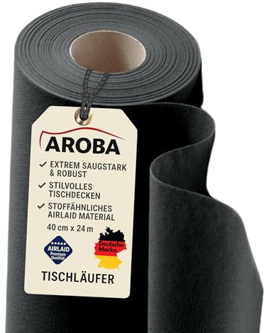 AROBA 1x Airlaid Tischläufer (Schwarz, 40 cm x 24 m) - Stoffähnliche Tischläufer - Tischband Tischtuchrolle Tischdeko für Hotel Catering Geburtstag Restaurants Kommunion Taufe
