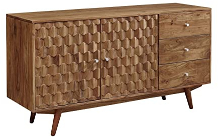 MASSIVMOEBEL24.DE | MOSAYK massives Sideboard - Natur, lackiert Akazienholz 2 Türen - 3 Schubladen 145x42x75 Kommode Tv-Sideboard Wohnzimmer-Schrank