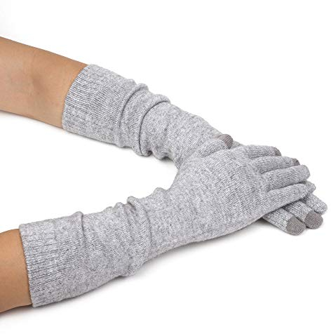 Flammi Women Long Knit Gloves Wool Blend Winter Warm Light Grey