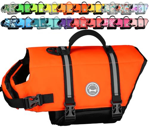 VIVAGLORY Chaleco Salvavidas Ripstop para Perros Pequeños, Medianos y Grandes, Chaleco de Natación para Perros con Mayor Flotabilidad y Visibilidad, Naranja Brillante