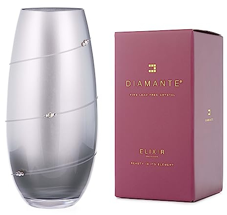DIAMANTE Swarovski Metallic Silver Silhouette Barrel Bullet Vase with Swarovski Crystals - 25cm in gift box