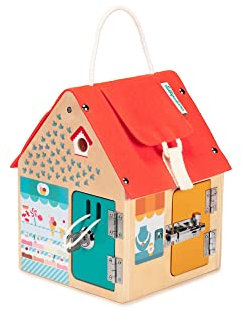 LILLIPUTIENS - Maison d’Apprentissage Multi-Fermetures en Bois - Jouet éducatif en Bois avec 6 systèmes de Fermetures - Clé, Scratch, loquet, Crochet,... - Motricité Imagination - dès 3 Ans - 83263