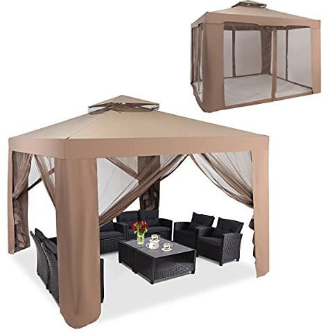 RELAX4LIFE 3 x 3 m Pavillon, Gartenpavillon mit Eisenrahmen&Moskitonetz, Gartenzelt mit 4 Seitenwänden&doppeltem Dach, Wasserdichtes&Sonnensicheres Partyzelt für Party Camping (Braun)