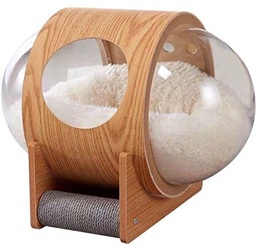 Kelendle Weltraumkapsel Katzenhaus:Bett mit Kratzbaum & Abnehmbarem Kissen - Katzennest & Zwinger Holzmöbel - Große & Kleine Katzen Indoor