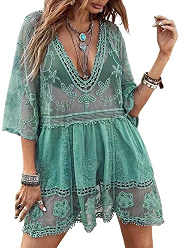 RITOSTA Women's Beach Cover ups Bikini Swimsuit Swimwear Cover Up Swim Sarongs for Women Beachwear Beach Dress Bathing Suit Summer Casual Lace Floral V Neck (Green,One Size)