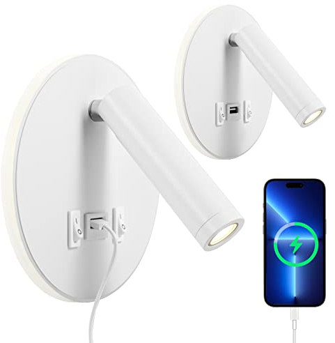 Weigudoc Luz de Pared LED con Puerto de Carga USB, Luz de Lectura Junto a Cama Ajustable, Foco orientable (3W 3000 K + 9W 3000 K), Giratoria Lámpara De Noche para Dormitorio Hotel (2 Blanco)