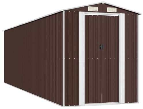 Metall Gerätehaus mit Satteldach, Schiebetür & Luftschlitzen, Verschiedene Größen Geräteschuppen Garten Schuppen Gartenhaus Metallgerätehaus für Rasenmäher Fahrräder, Outdoor, Dunkelbraun