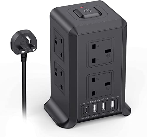 Tower Extension Lead with USB Slots, 3 USB-A(5V/2.4A) & 1 Type-C Port(5V/3A) and 8 Outlets Surge Protector Extension Lead with Switches, 2M Extension Cord
