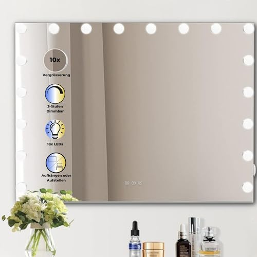 MACAO LED Hollywood Spiegel 60x80 mit Beleuchtung, 18 Glühbirnen, Schminktisch, zum Aufhängen oder für Schminktisch, Dimmbar