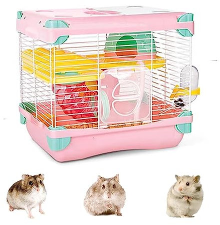 Hamsterkäfig, Mäusekäfig Mit Zubehör, Futternapf, Wasserflasche, 2 Schichten, Transparent, Kleiner Hamsterlebensraum Für Zwerghamster, Mäuse, Rennmäuse,Rosa