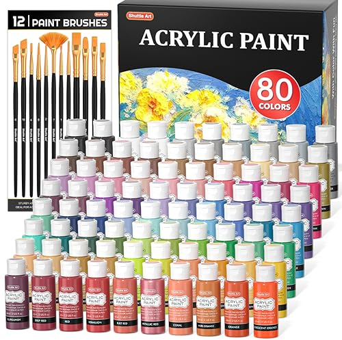 Shuttle Art Acrylfarben Set, 80 bunte Acryl Farben in Flaschen (je 60ml) mit 12 Pinselset, ungiftig, Acrylfarbe wasserfest für Künstler, Anfänger, Erwachsene auf Leinwand, Steine, Holz geeignet