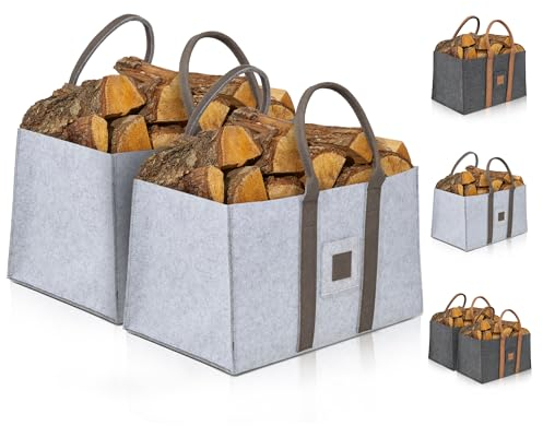 OAKAGE® Einkaufstaschen Faltbar [2er Set] Filztaschen Shopper Holzkorb für Kaminholz Groß Kaminholzkorb Filzkorb Feuerholzkorb Brennholzkorb Kaminkorb Kaminholztaschen | Korb Hellgrau