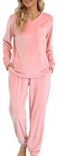 Vlazom Pigiama Donna Flanella Pigiami Due Pezzi A Maniche Lunghe Invernali | Flanella Morbida e Calda, Tasca Petto Pratica, Scollo a V Elegante, Disponibile in Più Colori Tinta Unita