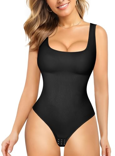 Nebility Womens' Waist Trainer Seamless Round Neck Tummy Control Shapewear Bodysuit (Black Thong Bodysuit, M/L)