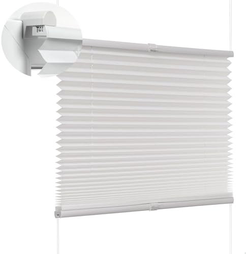 Plissee Nach Maß Ohne Bohren 50 x 80 cm Blickdicht - Sichtschutz - Sonnenschutz Jalousien Zum Klemmen 2 Bedienschienen aus Aluminium für Schlafzimmer, Weiß