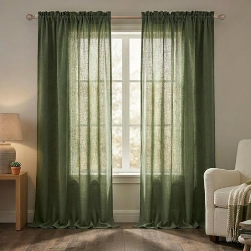 Loden olivgrüne Leinenvorhänge, 229 cm lang, 2 Paneele mit Stangentasche, Dicke Baumwollstruktur, halbtransparent, Trendige erdige Cottagecore-Dekoration für Wohnzimmer und Schlafzimmer, 132x229 cm