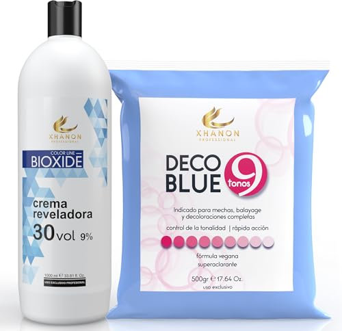 Pack Oxigenada en Crema 1000ml + Polvos Decolorantes de Cabello Azul 9 tonos 500gr | Fórmula Vegana | Superaclarante | Xhanon Professional (+ Crema rev 30 Vol)