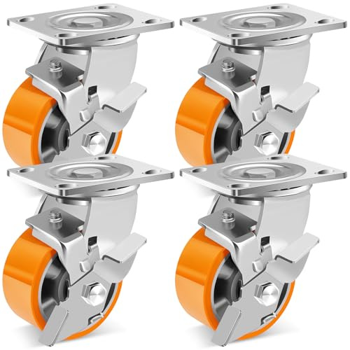 W B D WEIBIDA 4-Inch Industrial Grade Casters Wheels, Heavy Duty Casters Set of 4 with Brake 3200 Lbs, Maintenance-Free Polyurethane on Aluminum Wheels, Plate Swivel Casters for Machine, Workbench