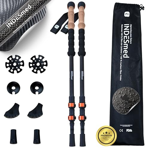 INDESmed | Bastones de Trekking 100% Fibra de Carbono – Ultraligeros, Telescópicos y Ajustables con Cierre Metálico Rápido | Bastones de Senderismo para Montaña, Trail Running y Nordic Walking