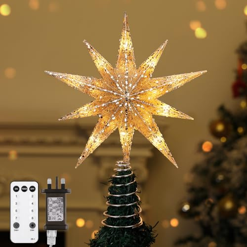 Lewondr Estrella para Árbol de Navidad, 13 Estrella Navideña de 10 Puntas Iluminada con Enchufe y Control Remoto para Decoración Navideña, Temporizador 6H y 8 Modos Iluminación, Luz Cálida, Champán