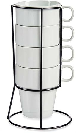 San Ignacio Set mit 4 stapelbaren Tassen in Weiß mit Ablage der VESSIA-Kollektion