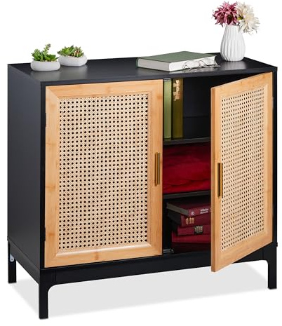 Relaxdays Sideboard mit Rattan-Geflecht Wohnzimmer, schwarz/Natur | Kommode
