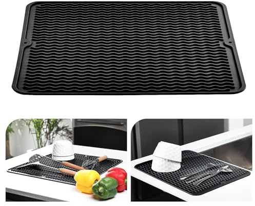 KitchenRaku Abtropfmatte 40x50cm, Geschirr aus Silikon hitzebeständiges rutschfestes Abtropfmatte Spüle,Spülmatte Abtropfunterlage,Tischset (Schwarz)