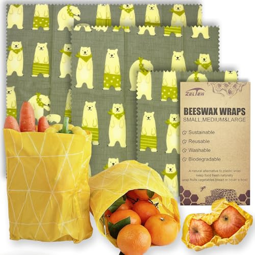 Beeswax Reusable Food Wraps - (3 Packs, 3 Sizes S,M,L) Plastic and Silicone Free, Eco-friendly Wrap, Wax Paper for Food,Little bear