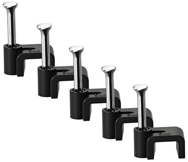 REULIN 100+ Pack Of 5mm Flat Cable Clips for Outdoor and Indoor Use, Wire Management Nail Clips For Flat RJ11 Land line Phone Cables, Speaker Wires, Modem Flat Cable (Black, 5 mm - Flat)