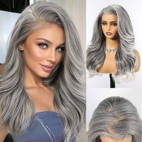 HAIRCUBE 13x6 HD Synthetische Lace-Front-Perücke, 24 Zoll lange graue, lockige, geschichtete Perücken, natürliche Dichte, Haaransatz, klebefreie Perücken für den täglichen Gebrauch bei Frauen