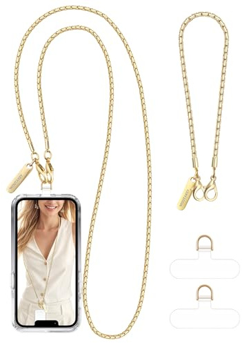 MOUTAKEY Metal Cell Phone Chain Set Detachable iPhone Chain Strap Fits All Phones Crossbody Phone Lanyard*1 Phone Wrist Strap*1 with 2 Tether Tabs iPhone Wristlet For Women Travel Shopping Camping