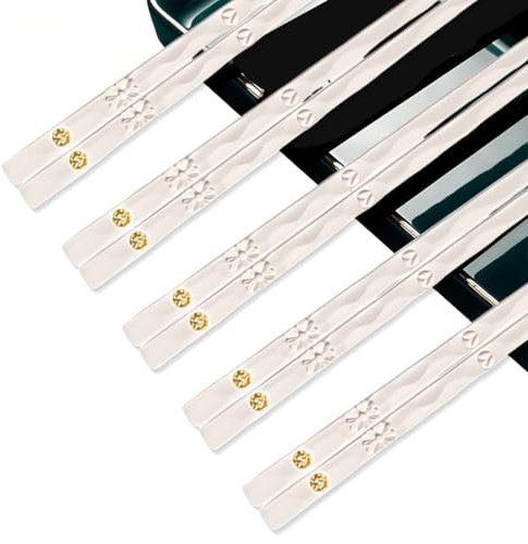 JEYORZY 5 Paia bacchette, Lavabili in Lavastoviglie con Motivo per Incisione, Bastoncini Giapponesi, Bacchette Sushi Set Regalo-oro bianco