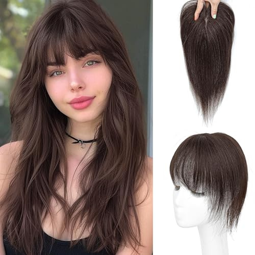 BUPPLER Haar Topper für Frauen Echthaar-U Form Toppers Haarteile für Frauen mit dünner werdenden Haaren 150% Dichte Seidenbasis Clip in Human Topper mit Pony für den täglichen Gebrauch(Dunkelbraun)
