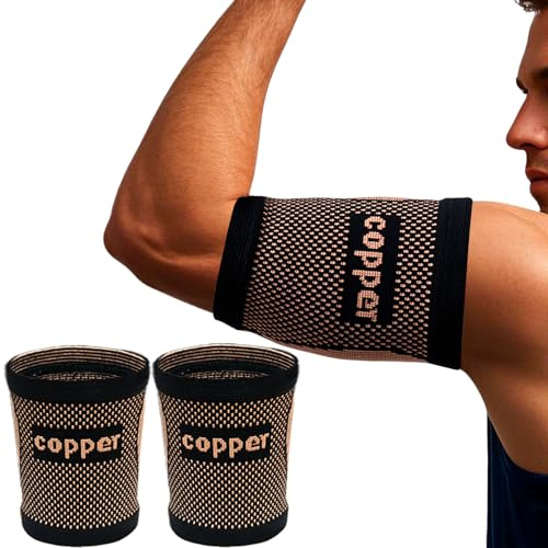 kyopyno Bicep Compression Sleeve,Bicep Tendonitis Brace 1 Pair,Copper Infused Arm Support for Weightlifting,Muscle Recovery, Pain Relief,Upper Arm Brace for Men and Women (Gold-Black, Medium)