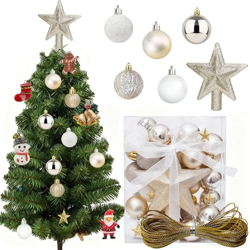 LIUYIDM Decoración Arbol de Navidad 30 Piezas Adornos Arbol Navidad 3 cm Adornos Navideños para La Mesa con 10 Metros de Hilo Dorado, Adecuado para Fiestas navideñas, Bodas (Oro Blanco)