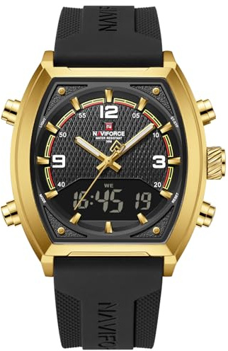 NAVIFORCE Fashion Business Mens Watches,Multifunctional Dual Display Waterproof Wristwatch,Gift Watch for Men (Gold + White + Black)