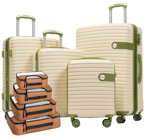 Merax Luggage Sets 4 piece Lightweight Suitcases With Spinner Wheels TSA Lock Expandable (only 24”/28”) Hardshell ABS Large Luggage set (White and Green)