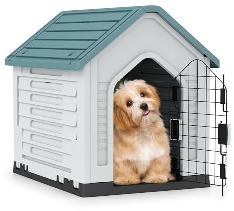 COSTWAY Hundkoja utomhus, väderbeständigt hundhus med låsbar metalldörr, ventilationsspår, lutande tak, husdjurshus för små hundar och katter, hundbur för inomhus (blå)