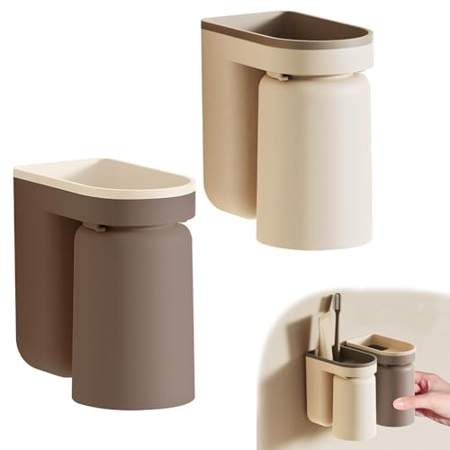 Hausio Selbstklebender Zahnputzbecherhalter ohne Bohren - Zahnbürstenhalter Wand, Toothbrush Holder, Zahnbürstenkopf Halter, Elbstklebend Zahnbürsten Halter mit Zahnputzbecher (Braun & Beige)