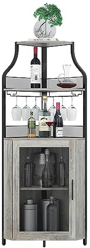 Eck-Weinregal Bodenstehend,Eckschrank Mit Glashalter Und Flaschen,Getränkeregal Aus Metall & Holz,Eckvitrine Für Küche Bar Keller Esszimmer Wohnzimmer ,Vintage Möbel,Eckregal Stehend,Weinaufbewahrung