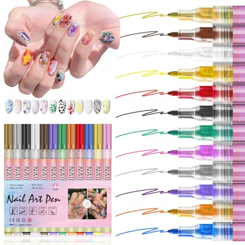 12 Colors Nail Art Pens Set - 0.7MM Nail Art Markers - nail Pens for Real Nails - Quick Dry Nail Paint pens for Women Girls Graffiti Dotting Drawing 3D Patterns Painting Point Liner DIY Decoration