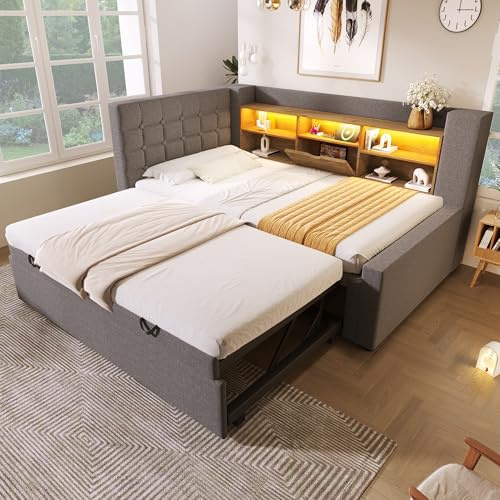Kebnor Polsterbett Bett 90x200 cm mit Ausziehbett 90x190, und LED-Beleuchtung,Struraumbett, L-förmigem Kopfteil mit Stauraum, beidseitig montierbar, Lattenrost, Leinen(Ohne Matratze) (Grau)
