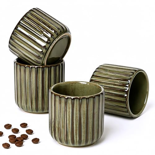 Erkundpresso espressokoppar set med 4 – vintage kaffekoppar för lungo och cappuccino – dekorativa ribbade koppar för familj och gäster – lämpliga för kaffemaskiner – 180 ml keramik brons