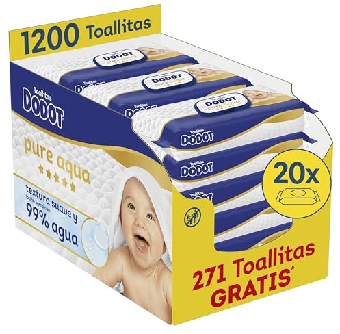 Dodot Pure Aqua Nuevo Toallitas con Textura para Bebé, 20 Paquetes de 60 Unidades = 1200 Toallitas, Textura Suave y Loción con 99% de Agua